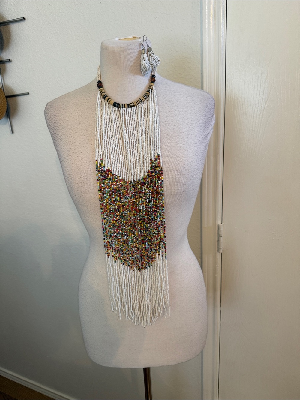 Multicolor Seed Bead Fringe Statement Necklace - Unbranded with earrings